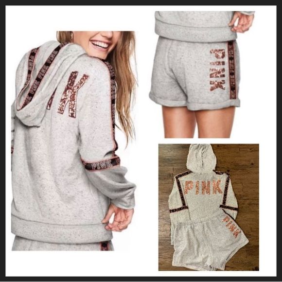 PINK VS GRAY BLING HOODIE / MATCHING SHORTS OUTFIT SET L - Picture 1 of 14